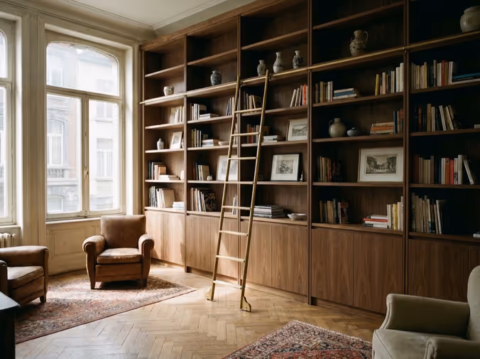 Bibliothèque toute hauteur en noyer avec échelle coulissante, Liège
