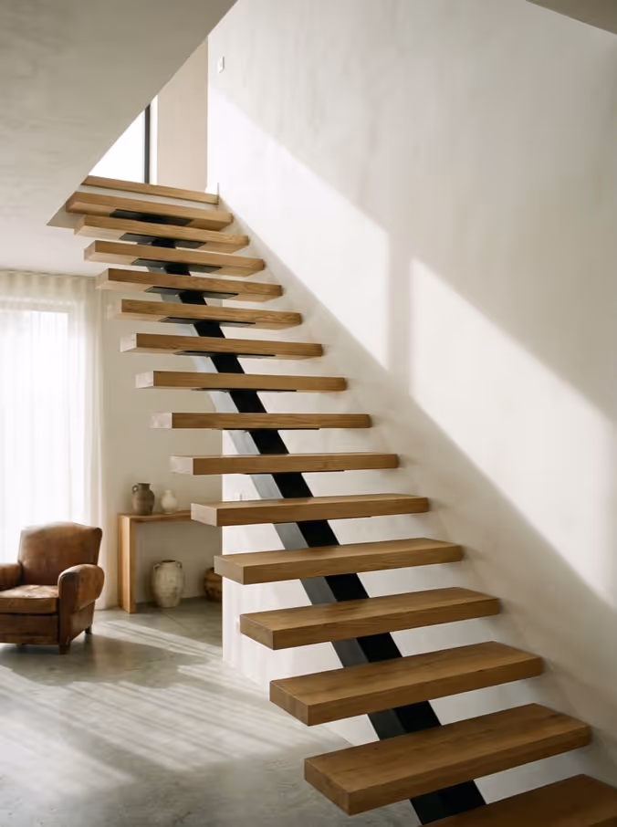 Escalier suspendu en chêne massif sur limon acier, Esneux